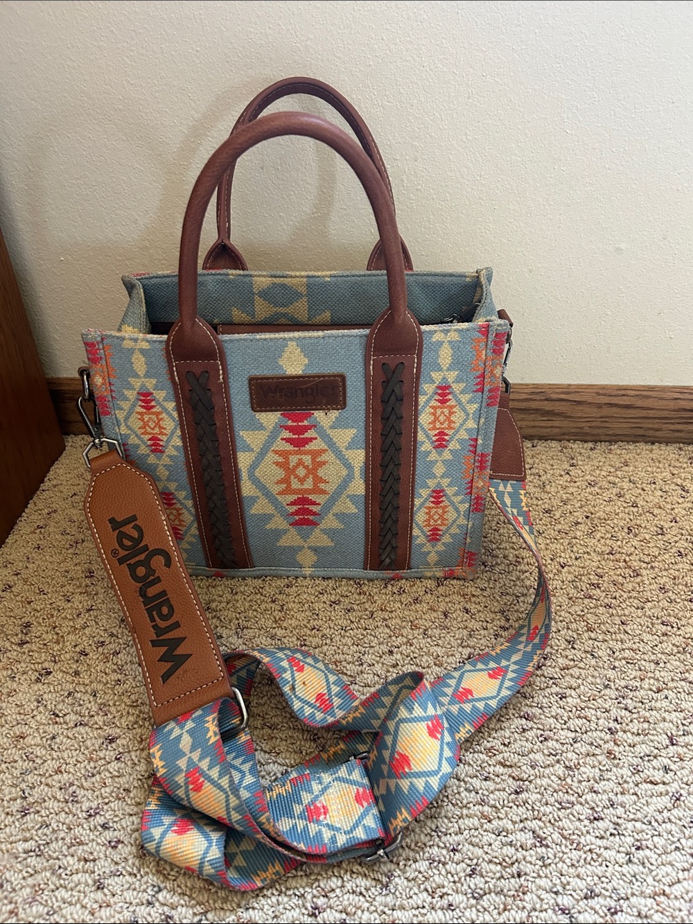 Wrangler Blue Aztec Canvas Satchel with Brown Trim - Picture 1 of 5